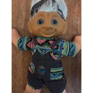 Troll Doll Vintage Treasure Toll Ace 14” Blue Hair & Eyes Visor Coveralls GUC!